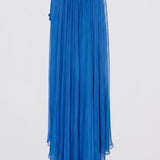 A vibrant blue pleated midi skirt made of lightweight sheer fabric, featuring an elastic waistband with side ties, shown against a plain light gray background.
