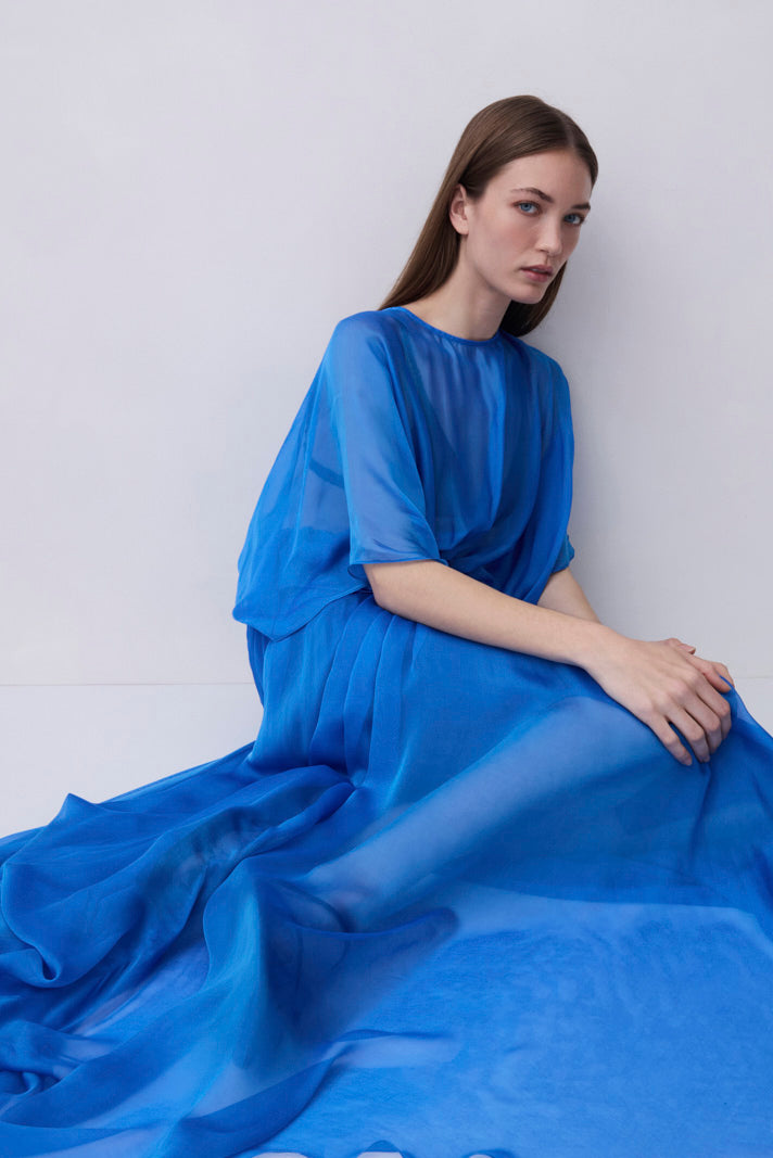 A woman wearing a flowing, semi-sheer royal blue dress sits against a plain light gray wall, holding the fabric of the dress with one hand.
