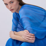 A woman wearing a flowing sheer royal blue dress or shawl, posed against a plain light gray studio background.