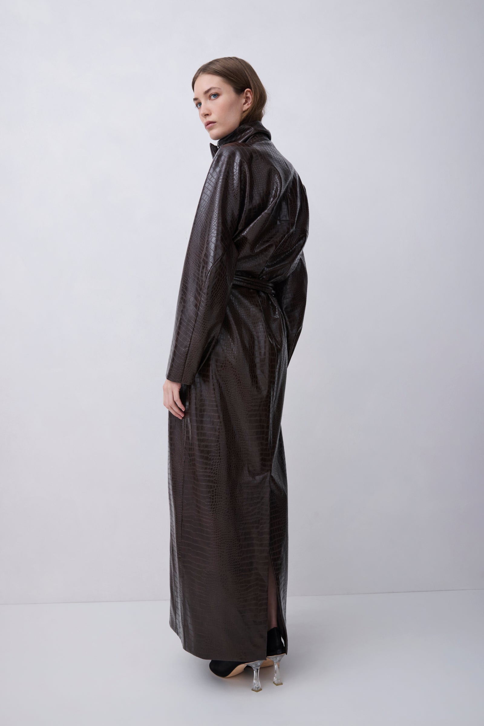 CHOCOLATE FAUX LEATHER VOID COAT