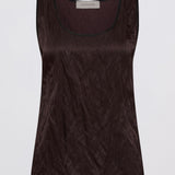 A sleeveless scoop-neck tank top in a dark brown crinkled fabric, shown flat against a light gray background.