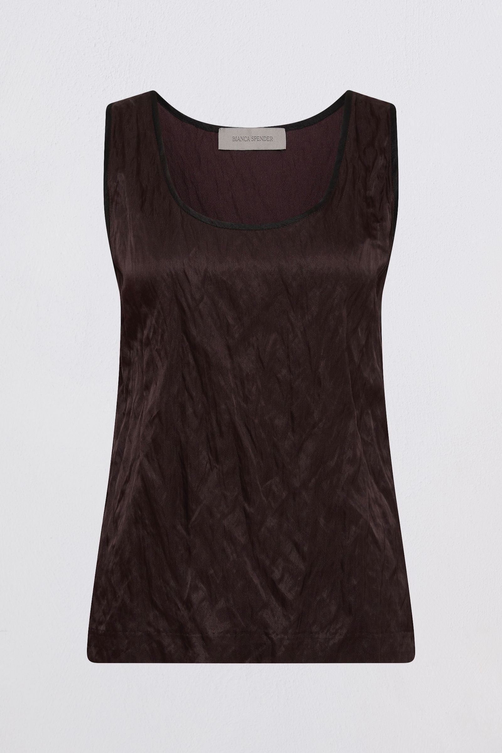 A sleeveless scoop-neck tank top in a dark brown crinkled fabric, shown flat against a light gray background.