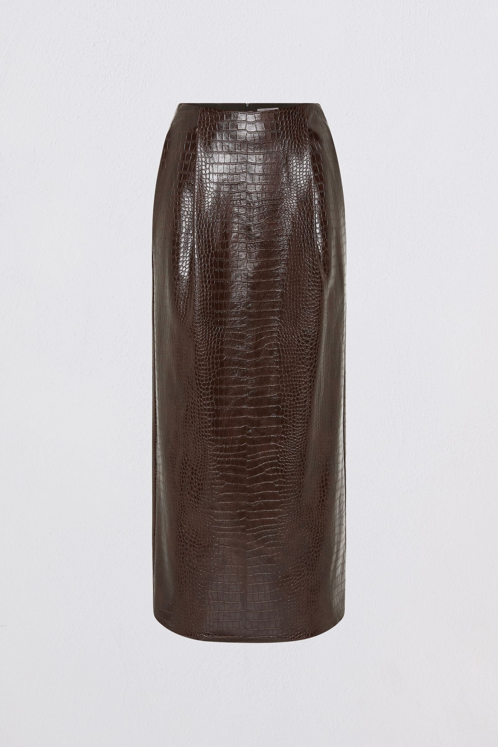 A dark brown faux-crocodile textured pencil skirt, shown flat against a light gray background.