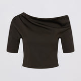 A dark brown off-the-shoulder short-sleeve crop top with a textured knit fabric, displayed against a light gray background.