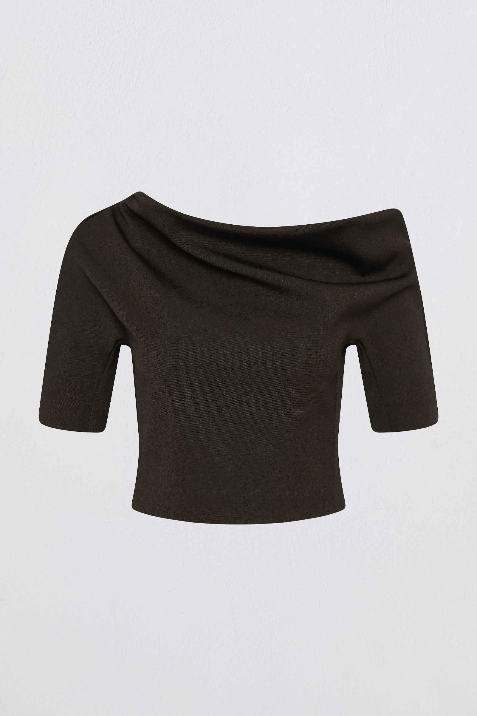 A dark brown off-the-shoulder short-sleeve crop top with a textured knit fabric, displayed against a light gray background.