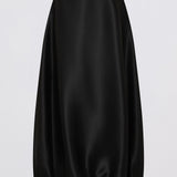 A black satin midi skirt with a gathered, balloon-like silhouette at the bottom, shown against a plain light gray background.