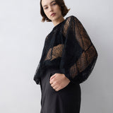 Woman wearing a black lace top against a plain background