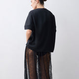 Person wearing a black outfit with sheer pants on a white background