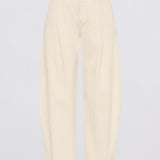 A pair of high-waisted, wide-leg trousers in a light cream or off-white color, shown flat against a light gray background.