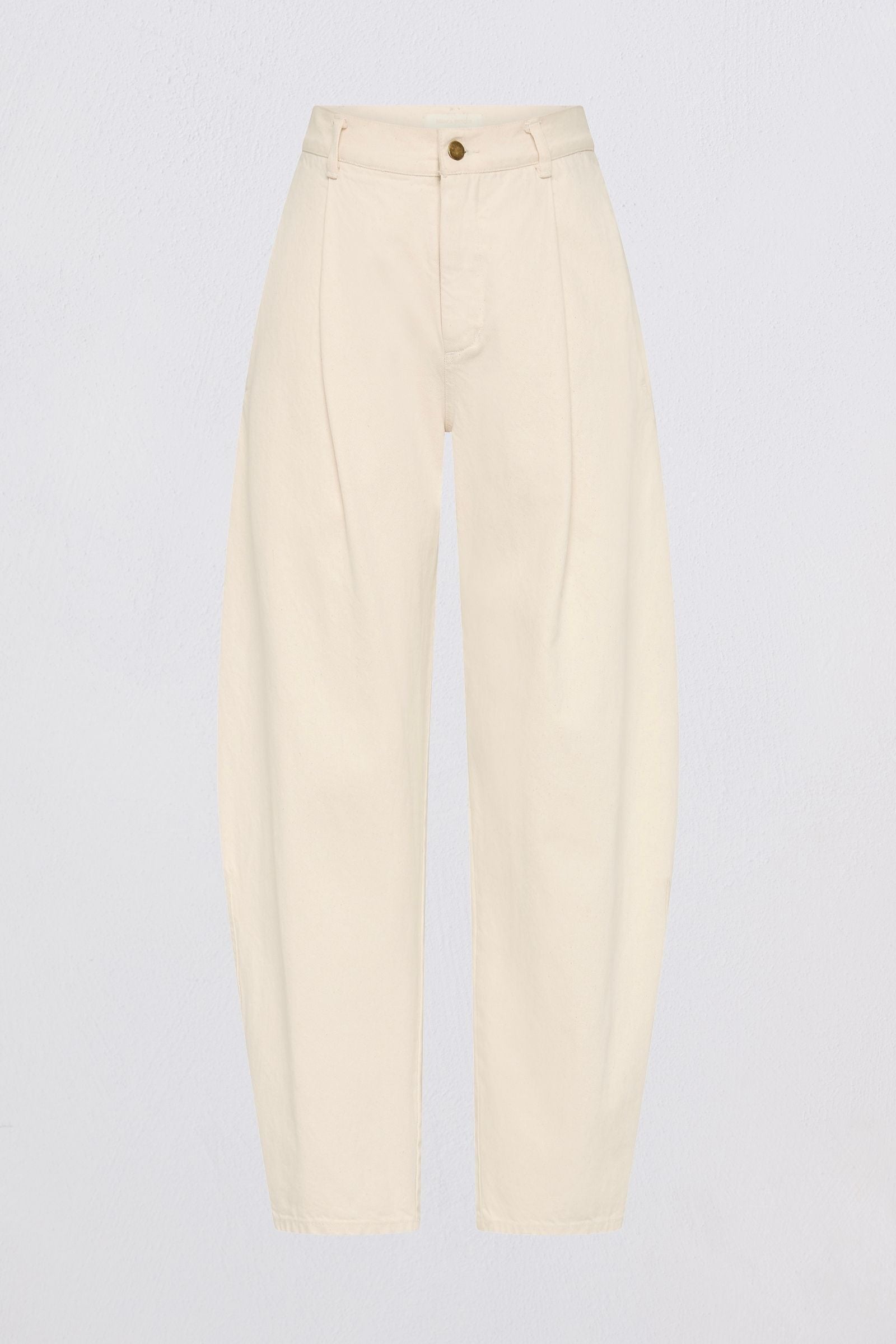 A pair of high-waisted, wide-leg trousers in a light cream or off-white color, shown flat against a light gray background.