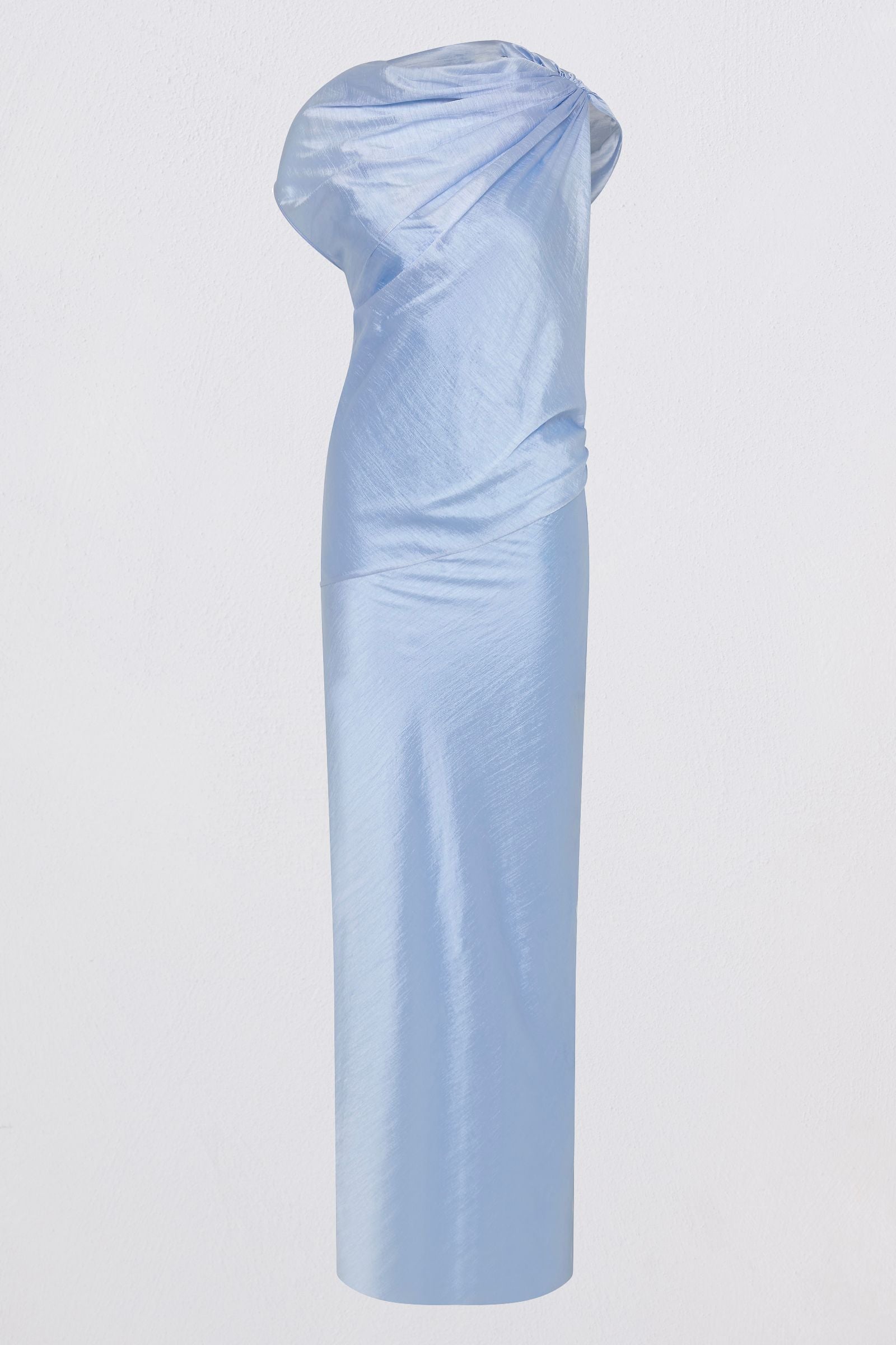 A light blue strapless gown with a draped, gathered bodice and a fitted, floor-length silhouette, shown against a plain light gray background.