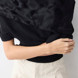 Person wearing a black sweater with textured fabric against a white background