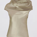 A champagne-colored satin top with a draped cowl neckline and cap sleeves, displayed on a neutral light gray background.