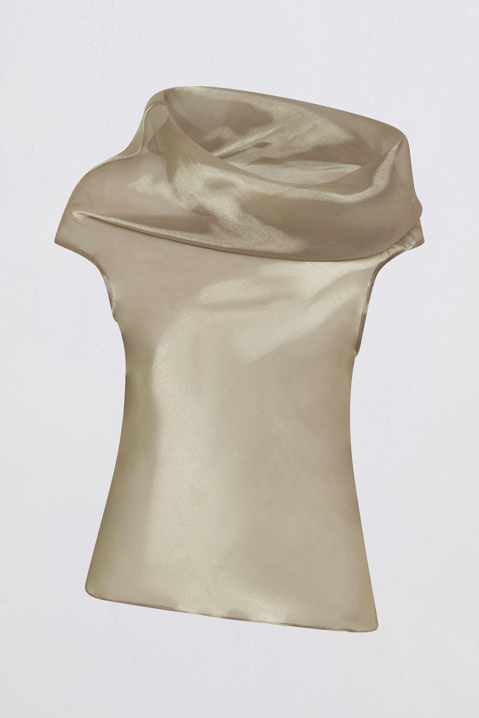 A champagne-colored satin top with a draped cowl neckline and cap sleeves, displayed on a neutral light gray background.