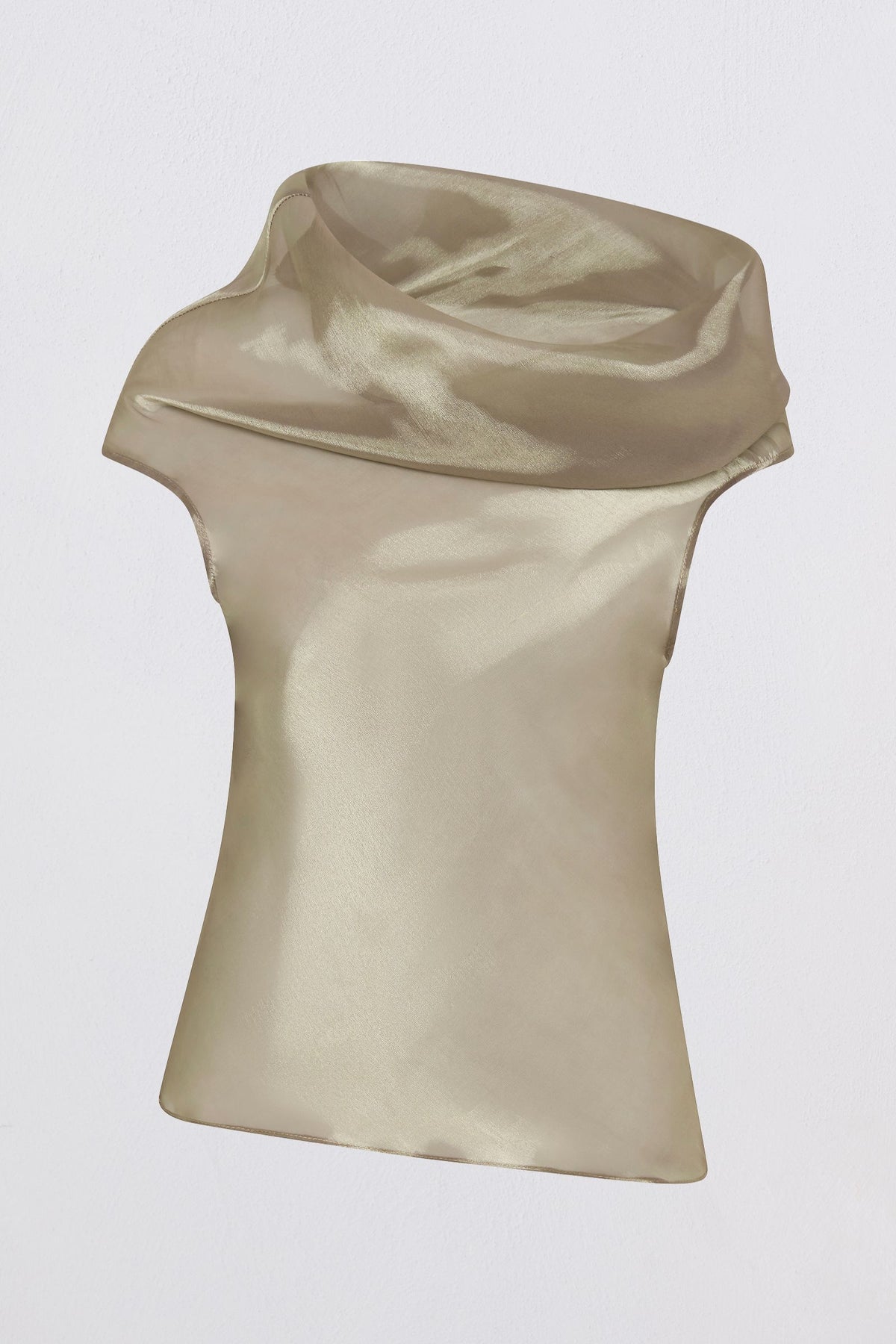 A champagne-colored satin top with a draped cowl neckline and cap sleeves, displayed on a neutral light gray background.