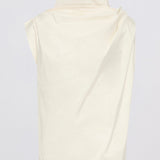 A cream-colored sleeveless top with a high mock neck collar, shown from the back against a light gray background.