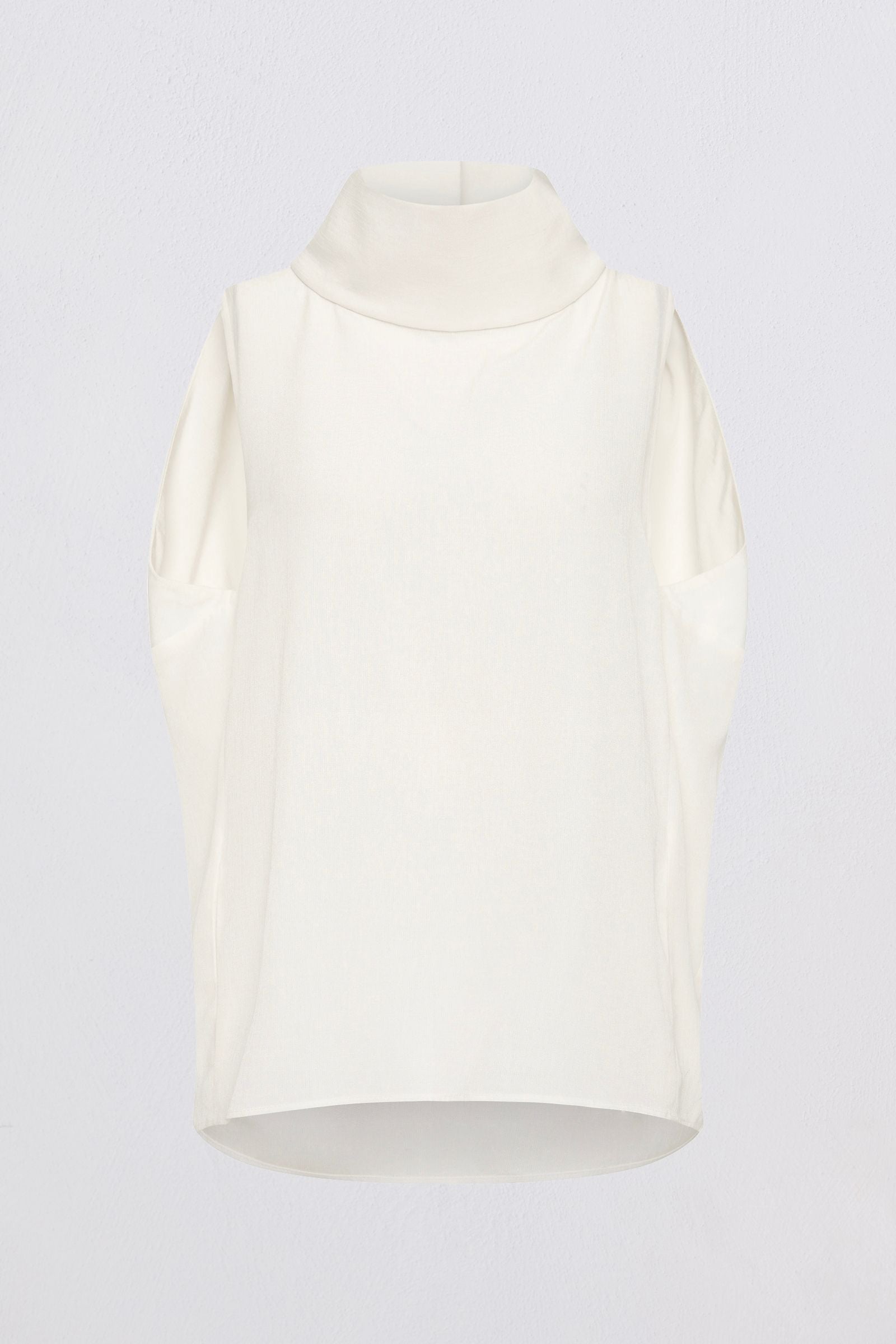 An off-white high-neck turtleneck top with voluminous draped sleeves, shown against a plain light gray background.
