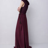 Plum jersey top with a relaxed fit, wide adjustable funnel neck and softly draped silhouette, photographed against a plain white studio background.