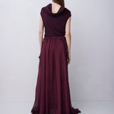 Plum jersey top with a relaxed fit, wide adjustable funnel neck and softly draped silhouette, photographed against a plain white studio background.