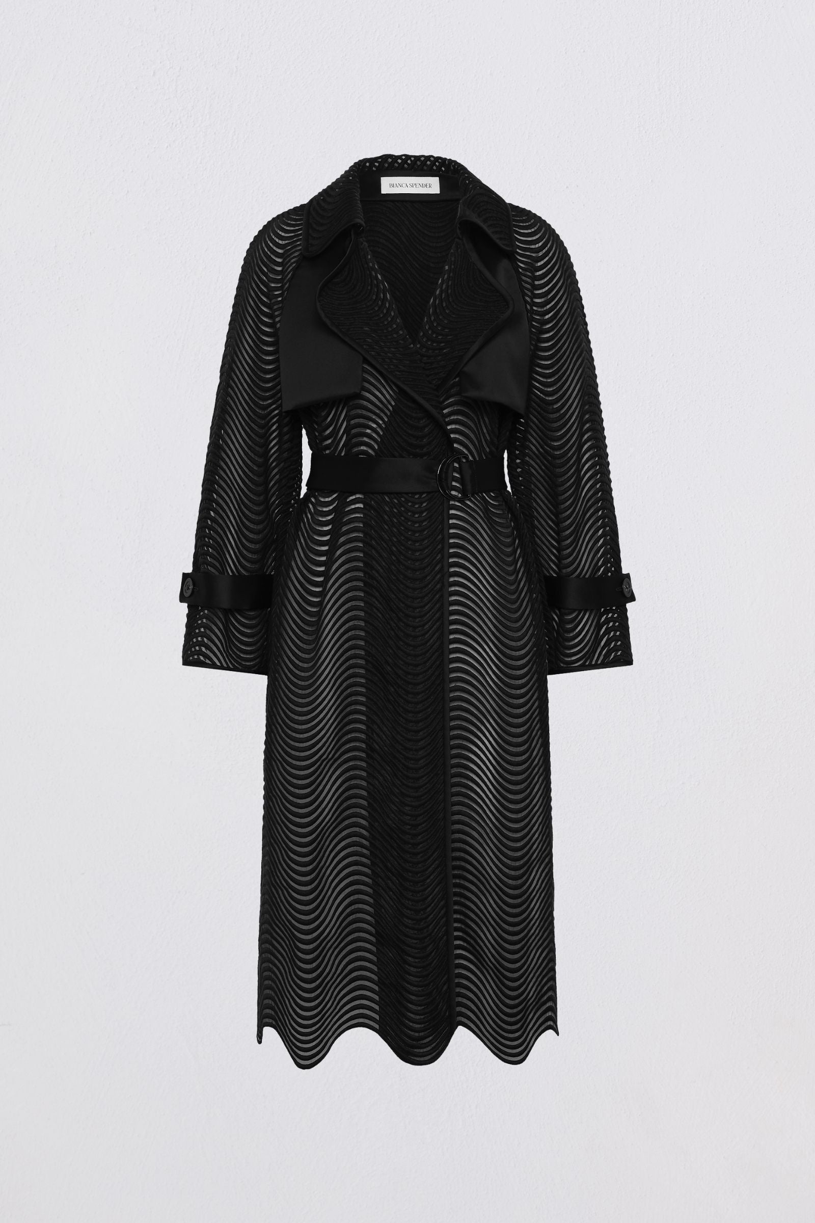 Black trench coat with a subtle pattern on a light gray background