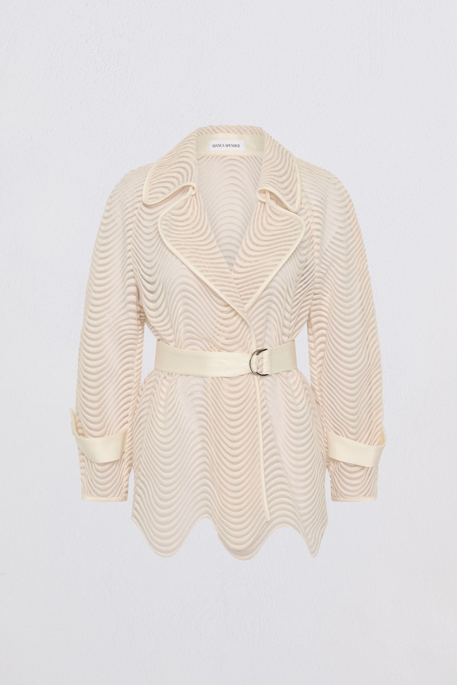 Beige textured coat with a belt on a light gray background