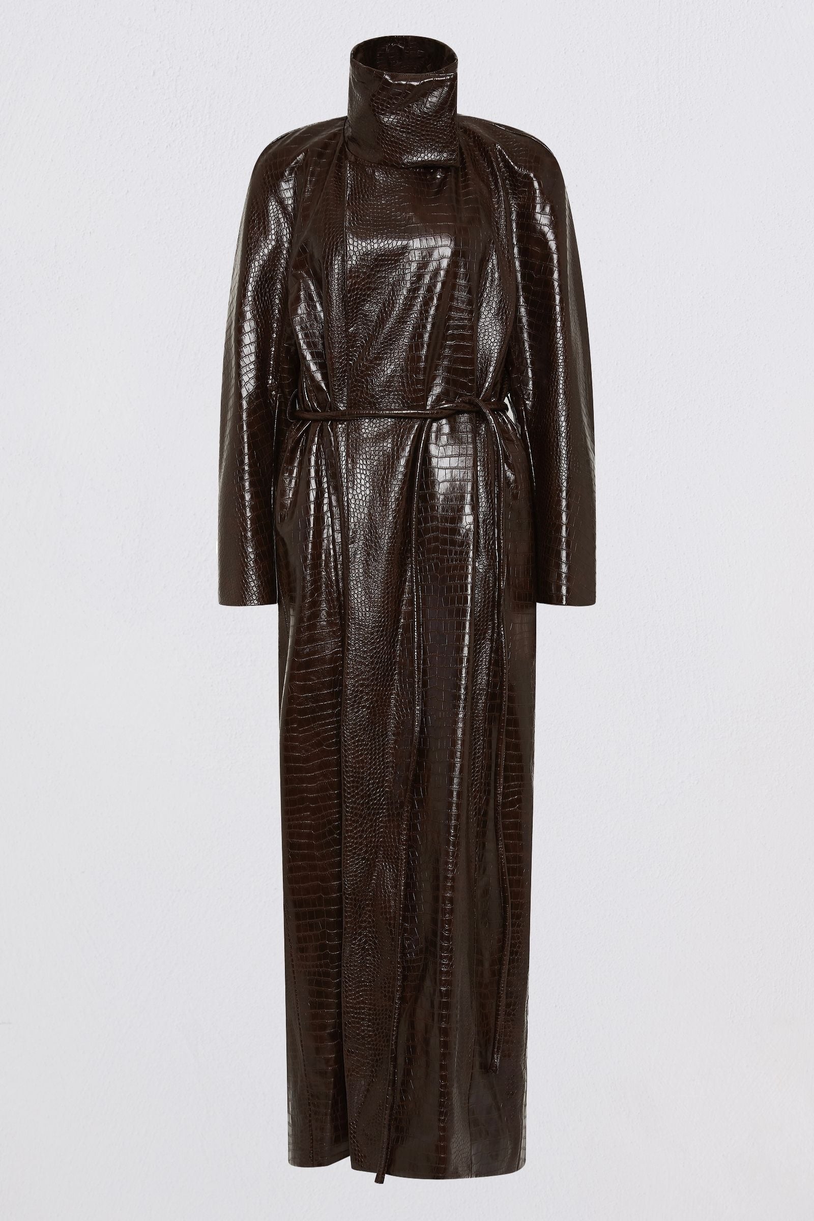 CHOCOLATE FAUX LEATHER VOID COAT