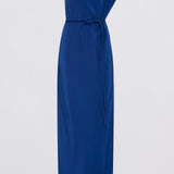 A royal blue one-shoulder midi dress with a draped neckline and a matching tie belt at the waist, shown against a plain light gray background.
