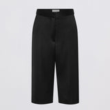 Black wide-leg cropped trousers with a structured waistband, photographed flat against a light gray background.
