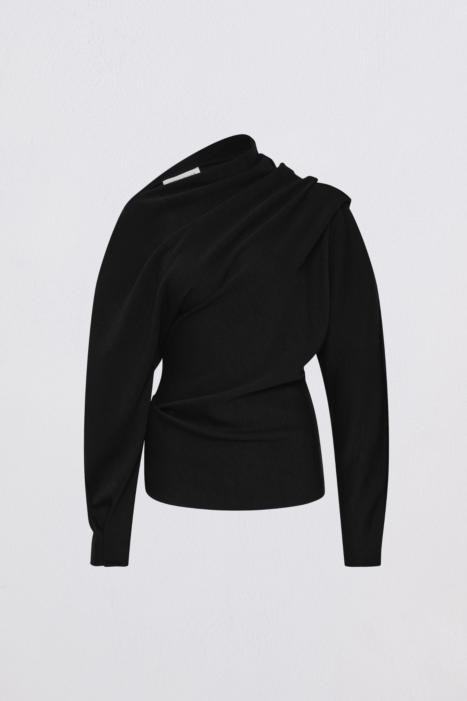 Black long-sleeve top with draped design on a light gray background