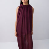 A model wearing a sleeveless, high-neck, deep burgundy maxi dress with a sheer, flowing overlay, photographed against a neutral light gray studio background.