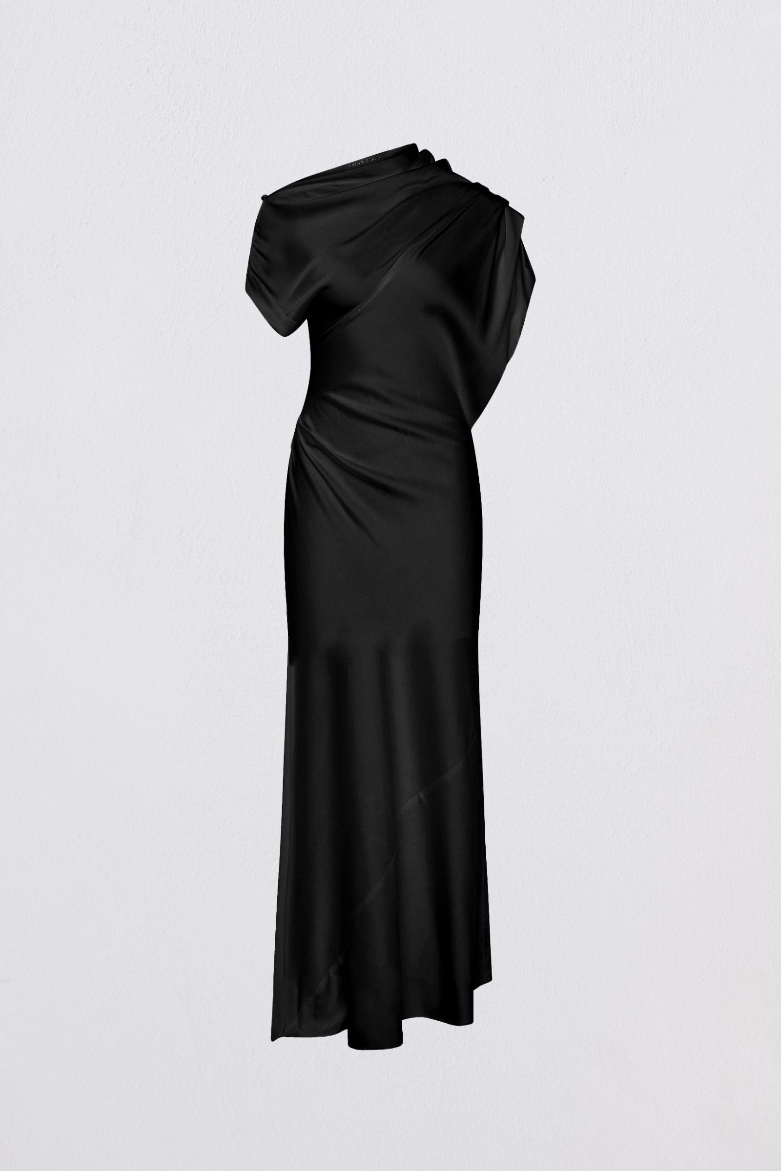 Black one-shoulder dress on a light gray background