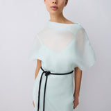 Woman wearing a light blue dress with a black belt against a white background