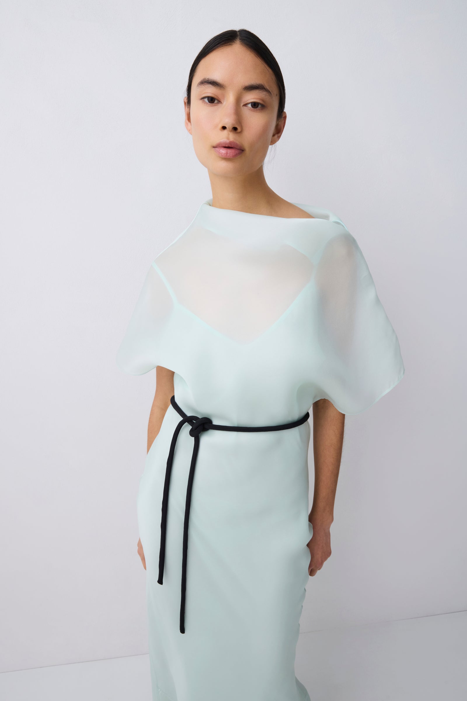 Woman wearing a light blue dress with a black belt against a white background