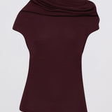 Plum jersey top with a relaxed fit, wide adjustable funnel neck and softly draped silhouette, photographed against a plain white studio background.