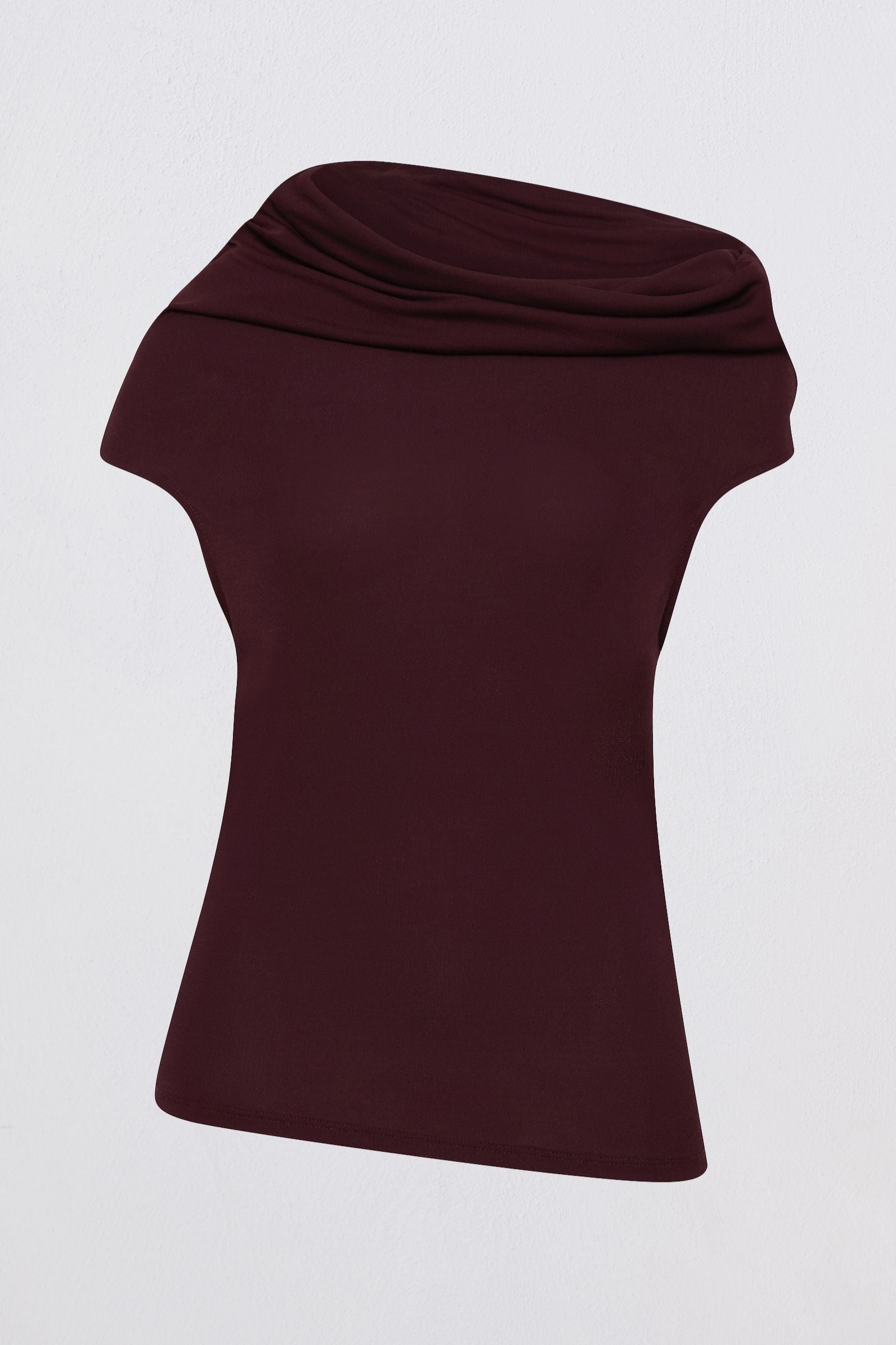 Plum jersey top with a relaxed fit, wide adjustable funnel neck and softly draped silhouette, photographed against a plain white studio background.