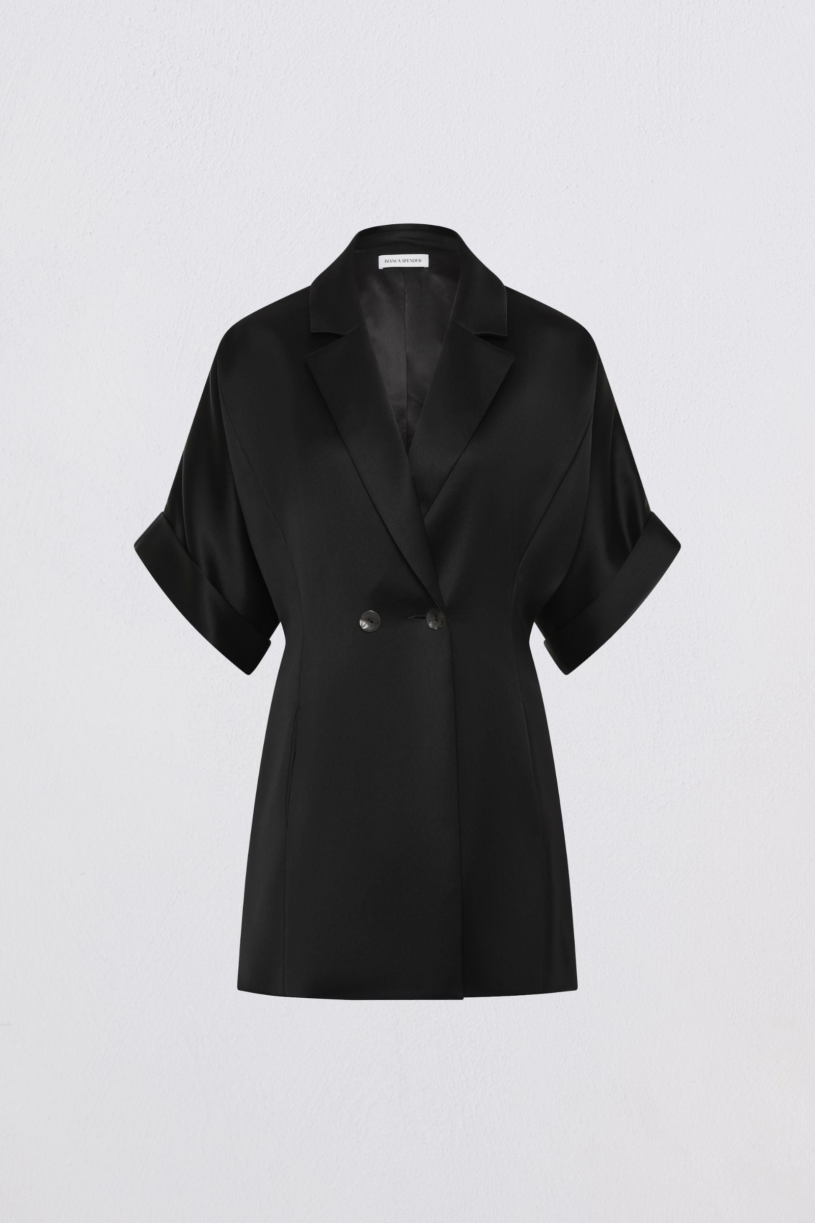 Black coat with short sleeves on a light gray background