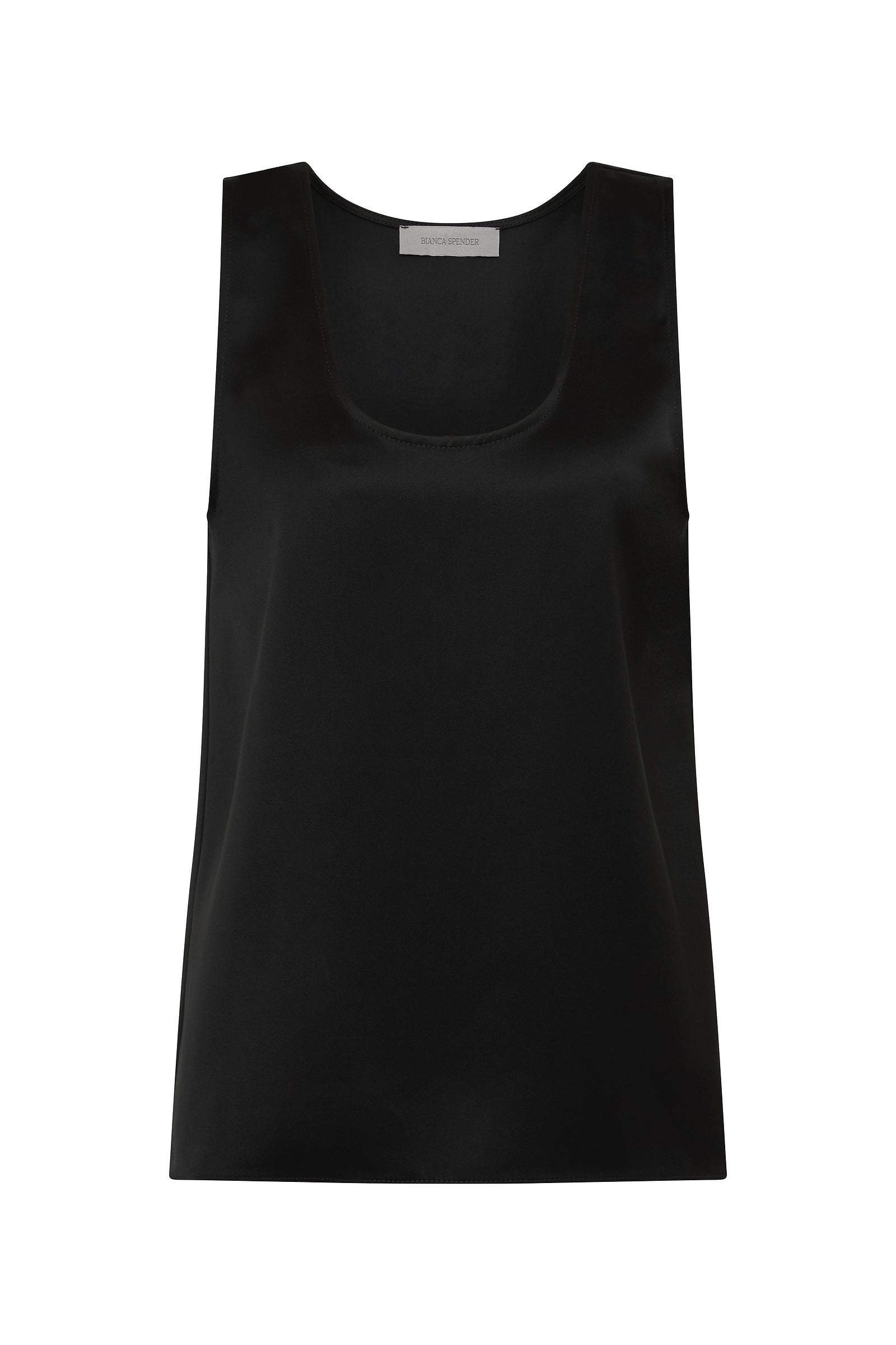 A black sleeveless scoop-neck top with a smooth satin-like sheen, shown flat against a solid white background.