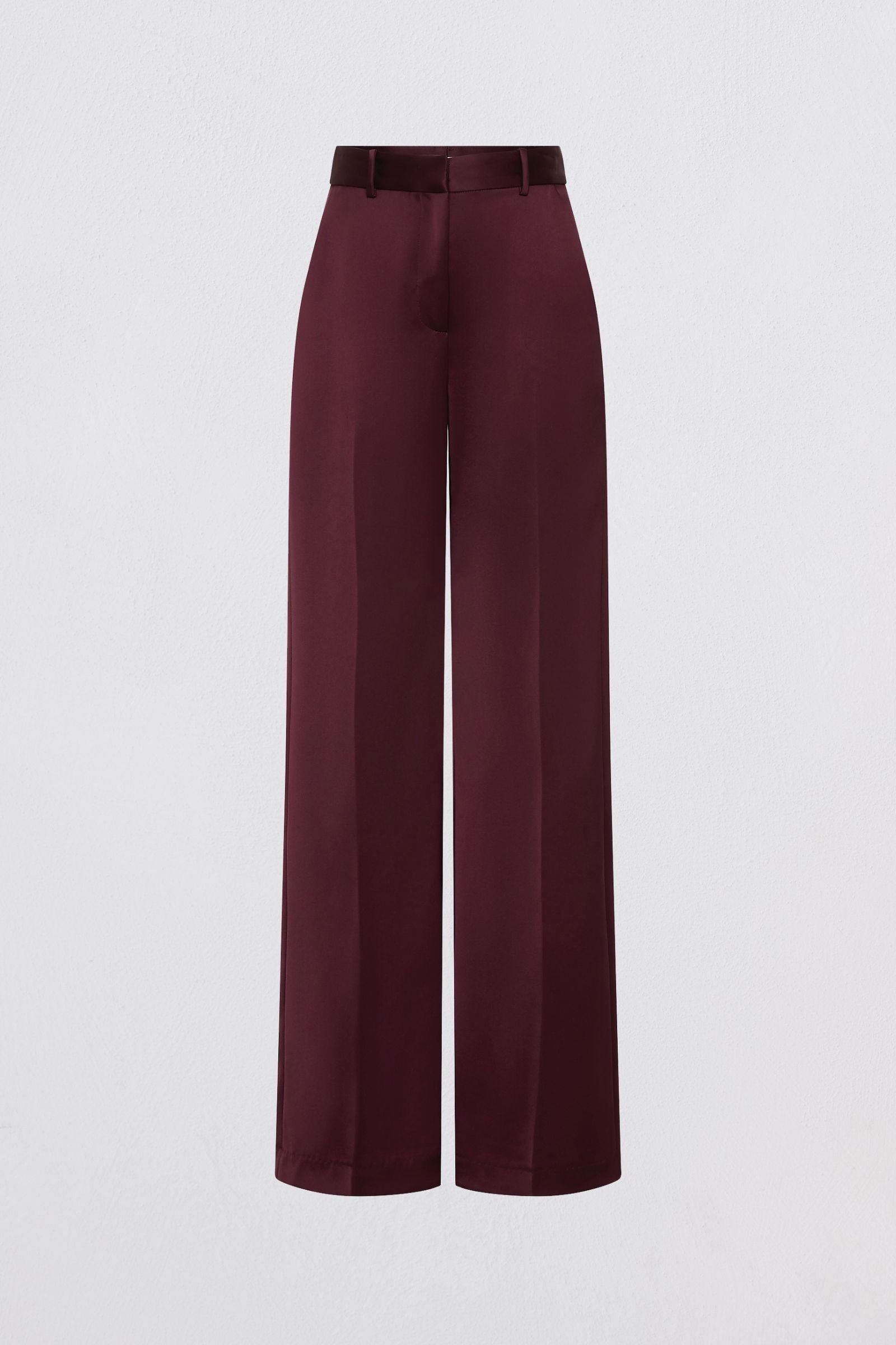 Maroon wide-leg pants on a light gray background