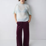 Person wearing a sheer white top and dark purple pants against a white background