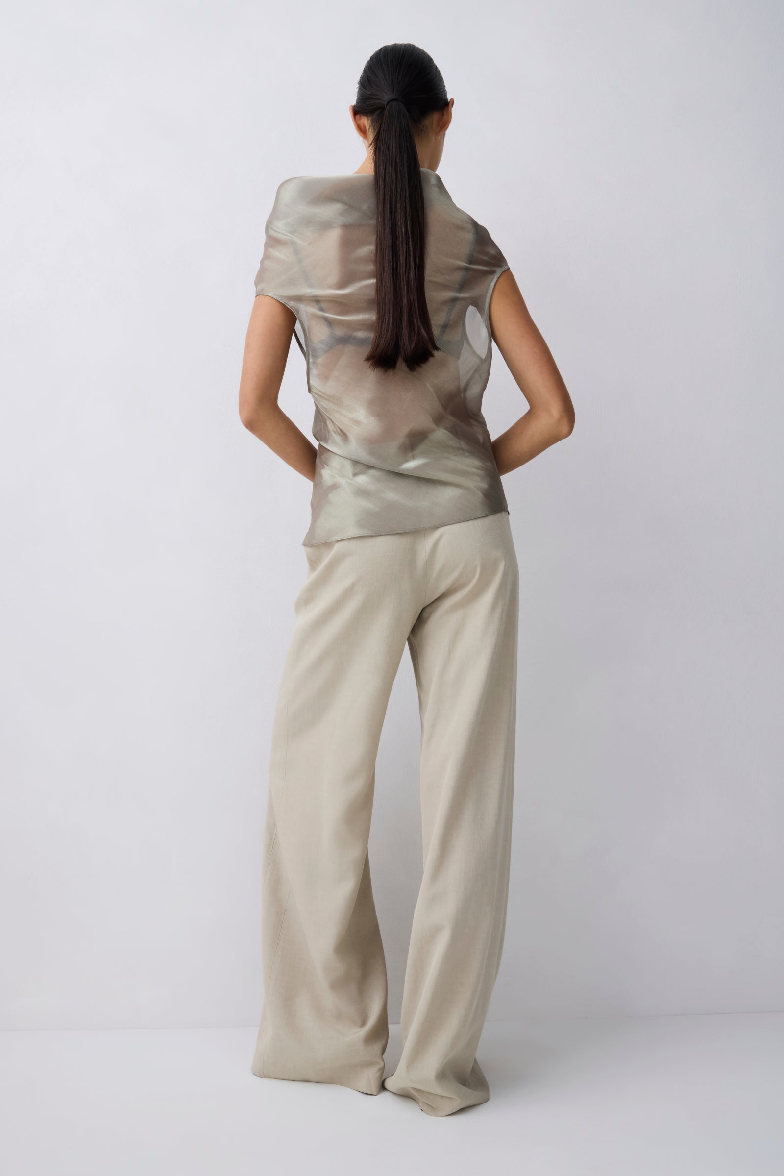 A model shown from the back wearing a shimmering metallic taupe top and matching wide-leg trousers against a light gray studio background.