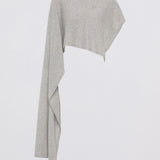 Gray knit top with draped design on a light gray background