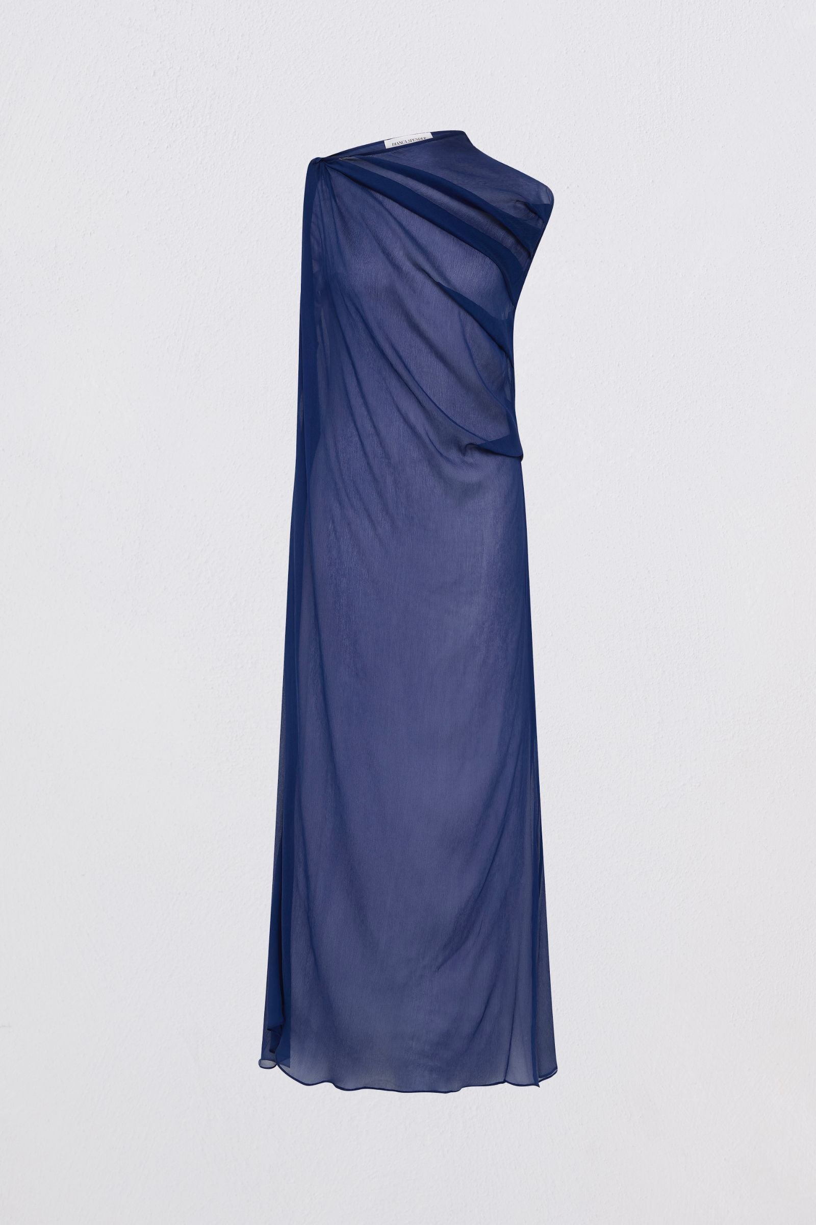 Navy blue one-shoulder dress on a light gray background
