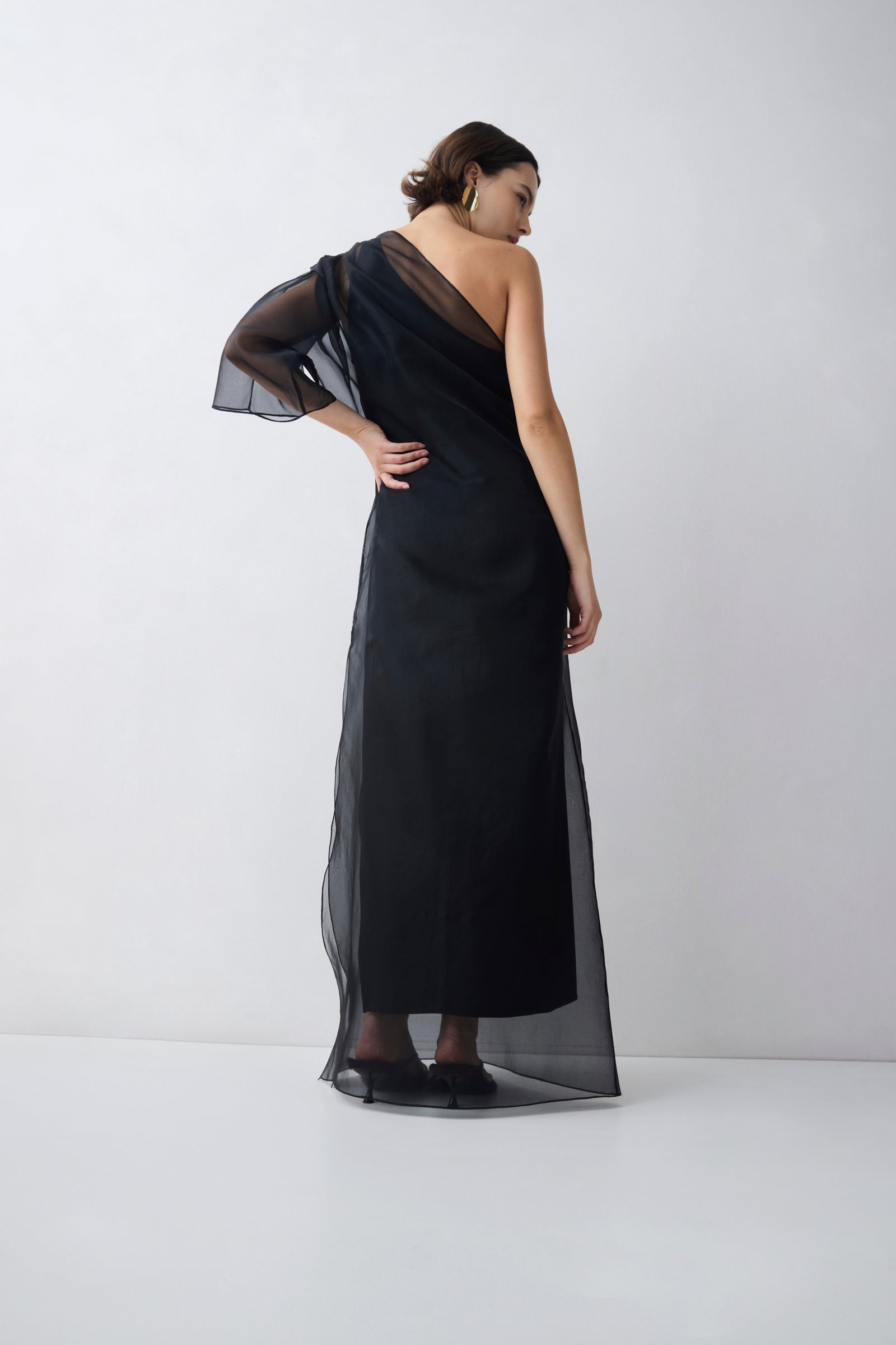 Woman wearing a black evening gown with sheer sleeves against a white background