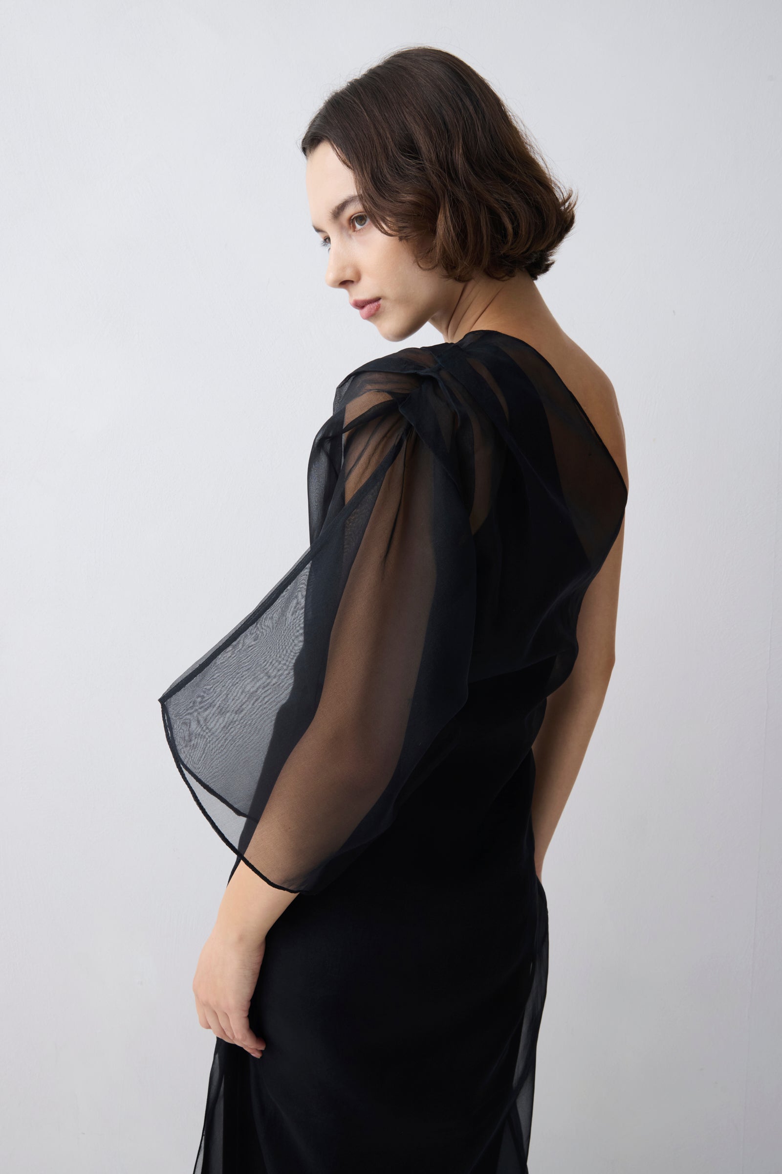 Woman wearing a black dress with sheer sleeves against a white background