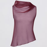 Sheer maroon top on a light gray background