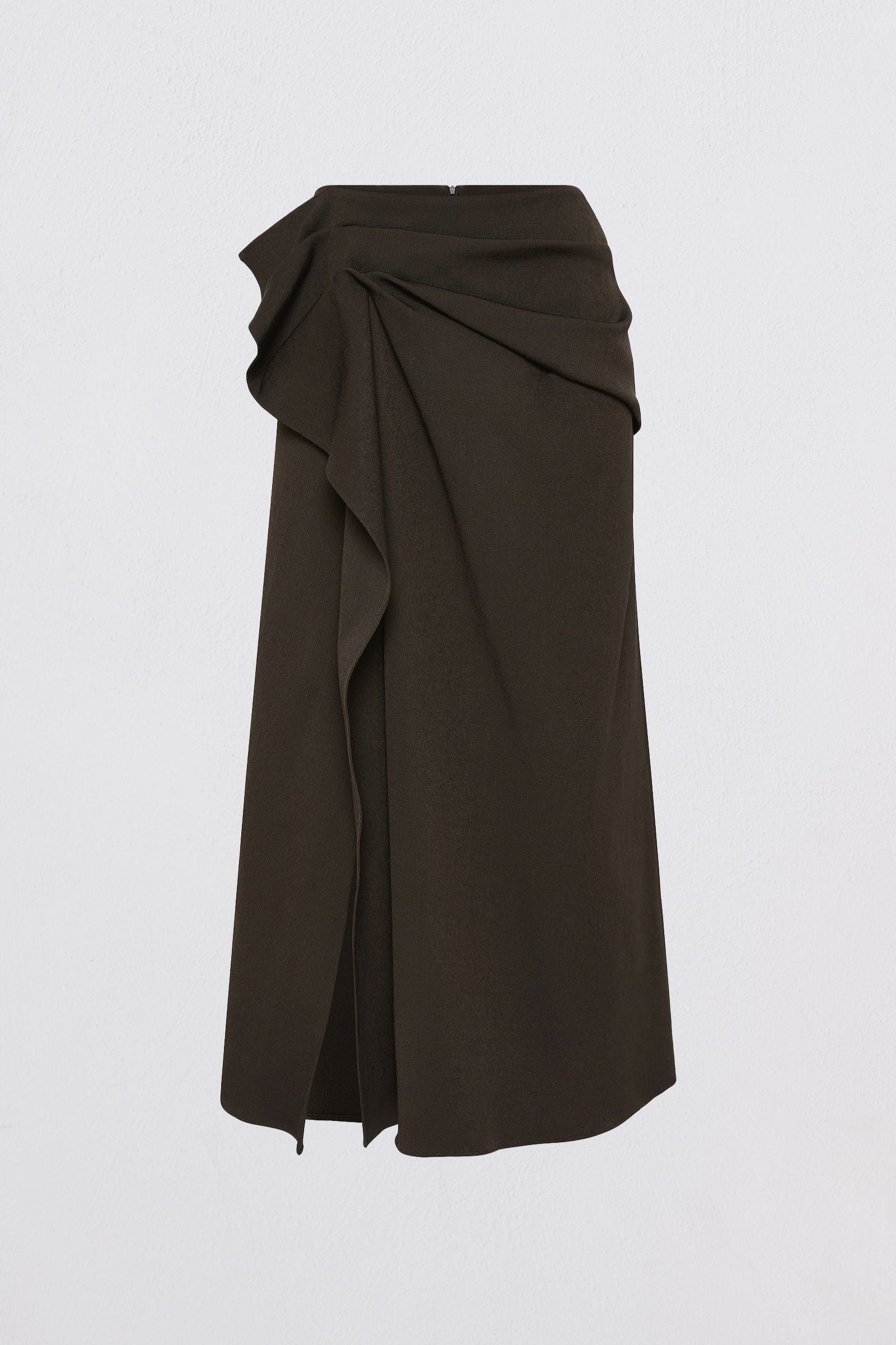 A dark brown draped wrap midi skirt with a large ruffle detail on the left side, shown against a plain light gray background.