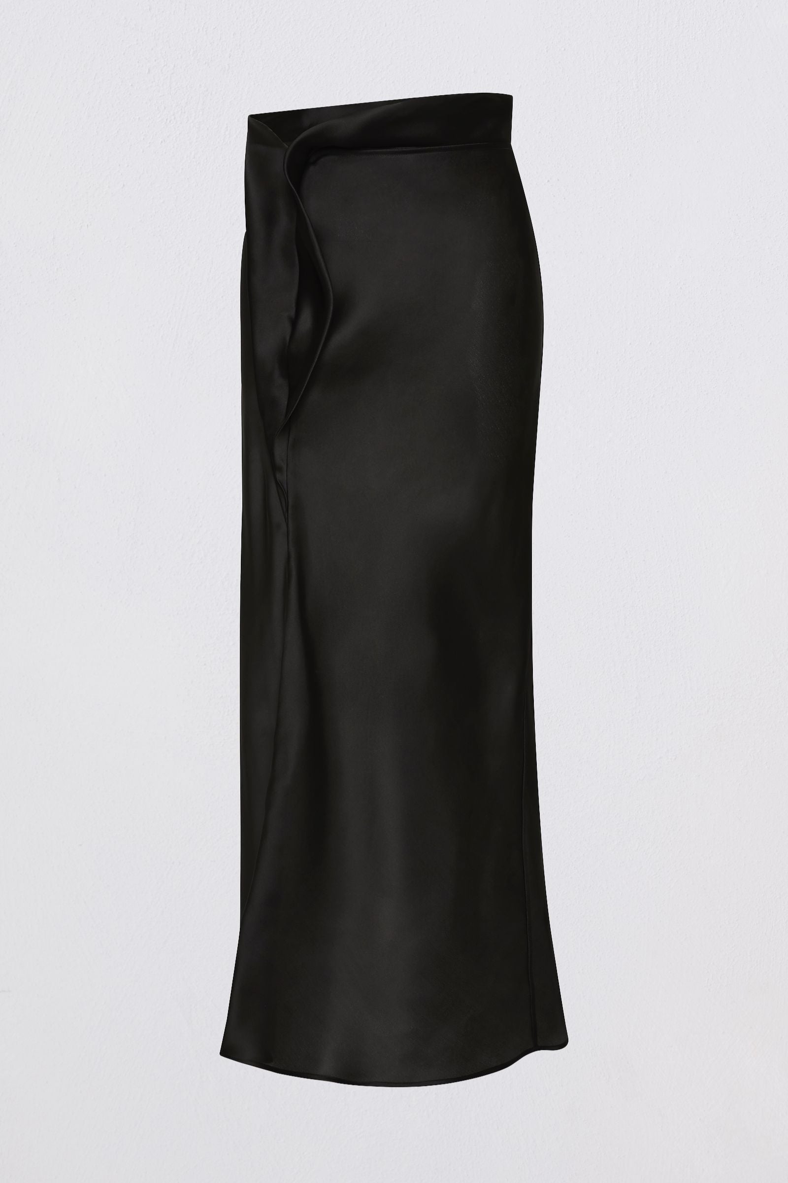 A black satin midi skirt with a wrap-style waist and side slit, shown against a plain light gray background.