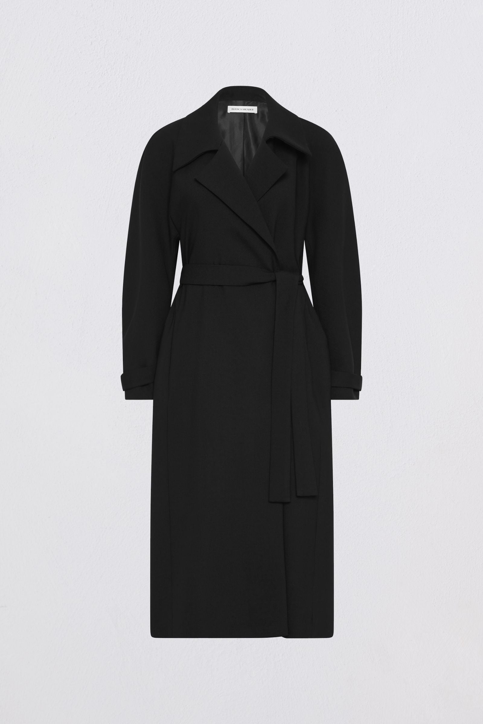 Black trench coat on a light gray background