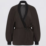 Charcoal  jacket with black trim on a white background
