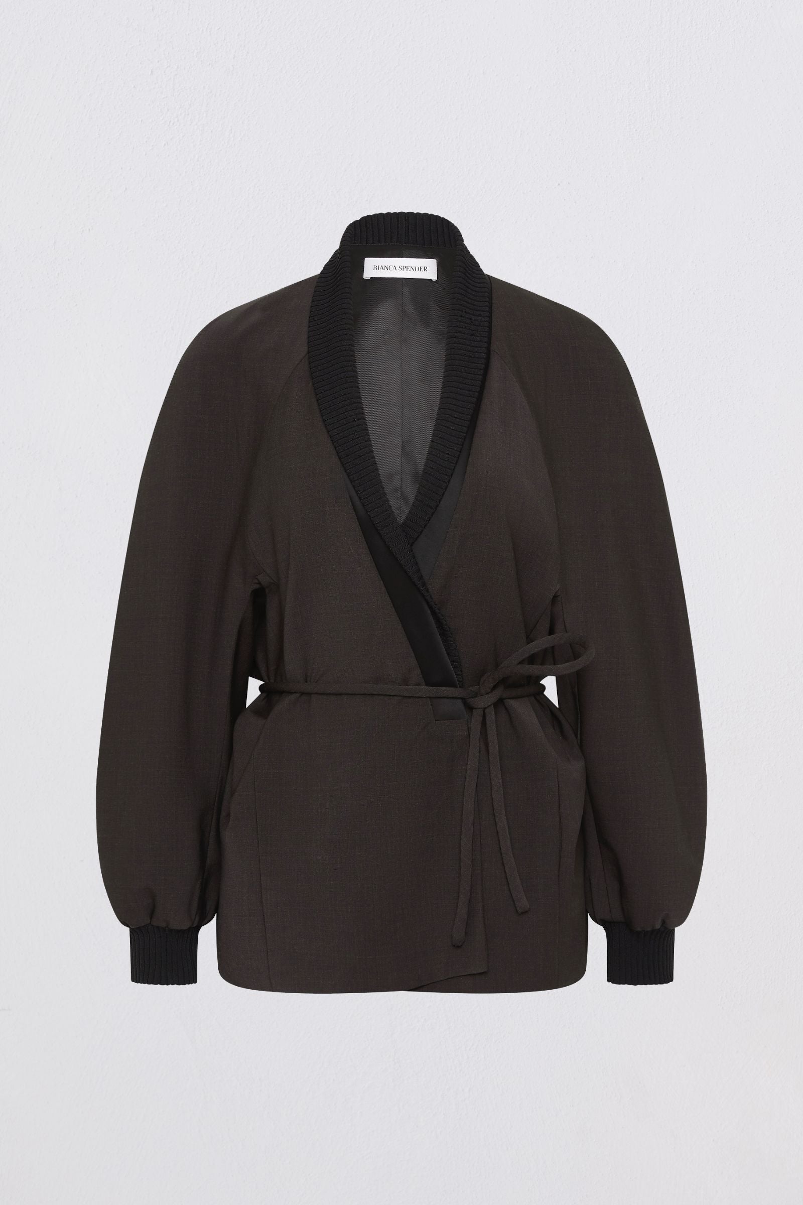 Charcoal  jacket with black trim on a white background